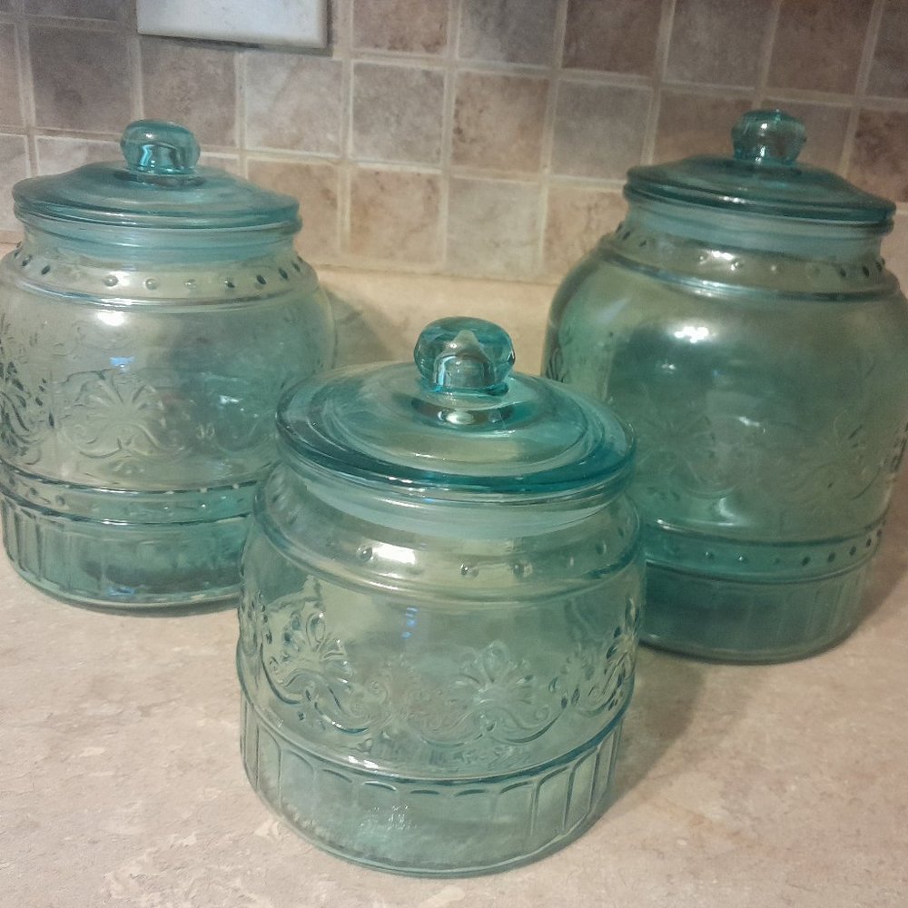 Set of 3 The Pioneer Woman Adeline Glass Cookie Jar, Kitchen Storage, Turquoise